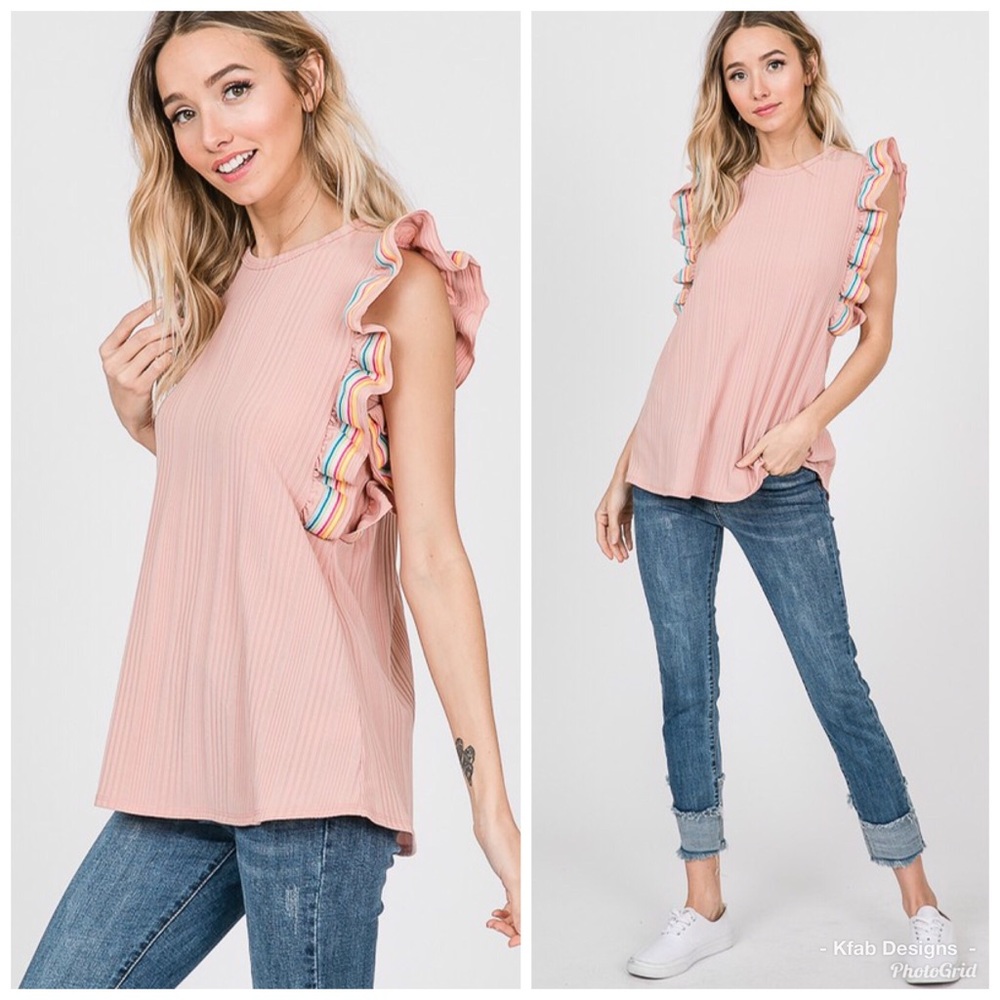 π LAST 1! Blush Ribbed Rainbow π Ruffle Top! - Picture 5 of 7